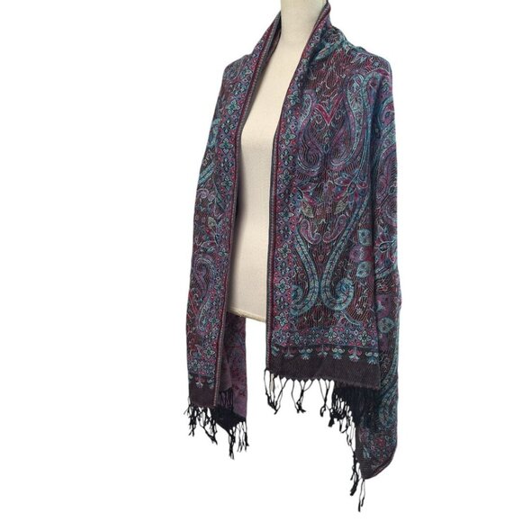 Wrap Shawl Frings Boho Wide Scarf Accessory Blue Purple Paisley Tribal - Picture 1 of 10